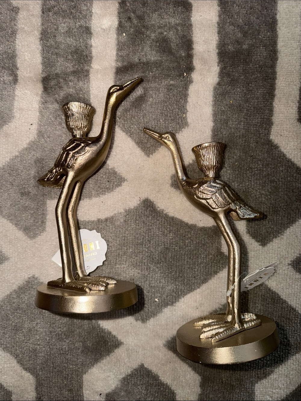 Pair of 9” gold metal crane taped candle holders